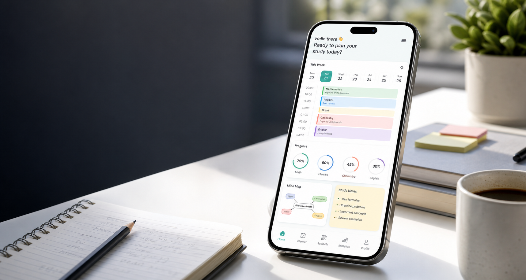 Tela de app de estudos em um celular sobre uma mesa